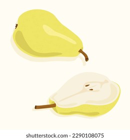 Pear whole and cut in half. Vector icons on the theme of food. Summer fruits.