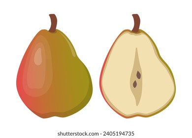 Pear whole and a half of fruit. Pear slice. Vector illustration