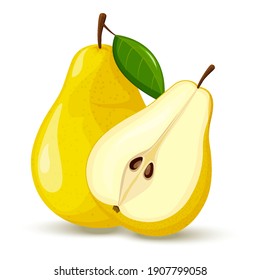 
Pear whole and half isolated on white background. Vector flat design