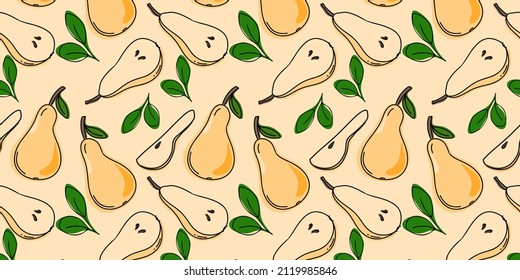 Birnen ganz und Scheiben, schöne Vektornahtlose Muster. Früchte, geeignet für Wallpaper, Web-Seite Lebensmittel-Hintergründe, Oberflächentexturen, Textilien. Doodle oder handgezeichneter Cartoon-Stil.