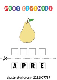 Pear Word scramble . Educational game for kids. English language spelling worksheet for preschool children