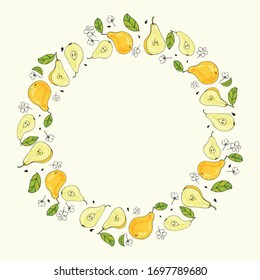 Pear wreath. Tasty, juicy fruits and leaves. Background design for menu, paper, textile, fabric, eco products, vegetarian food. Vector graphics. Doodle style. Hand drawing.