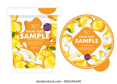 Pear yogurt package design with yogurt splash isolated on white background. Packaging design template of fruit yogurt container. Pear yogurt cup design layout.