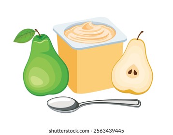 Pear yogurt in a plastic cup and spoon vector illustration. Pear yogurt plastic cup icon vector isolated on a white background. Fruit yoghurt and fresh pears drawing. Whole and halved pear vector