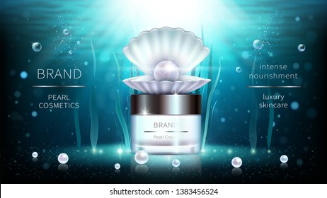 Pearl and algae cosmetics, natural product vector realistic ads poster. Cream jar, shell with precious pearl and seaweed on blue underwater background with air bubbles and rays. Mock up for magazine