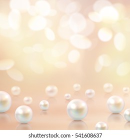 Pearl background with beads of different shape on top of crystal surface with decorative bokeh flecks vector illustration