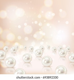 Pearl background with realistic images of cockle shells with blurry particles shadows and abstract elements vector illustration