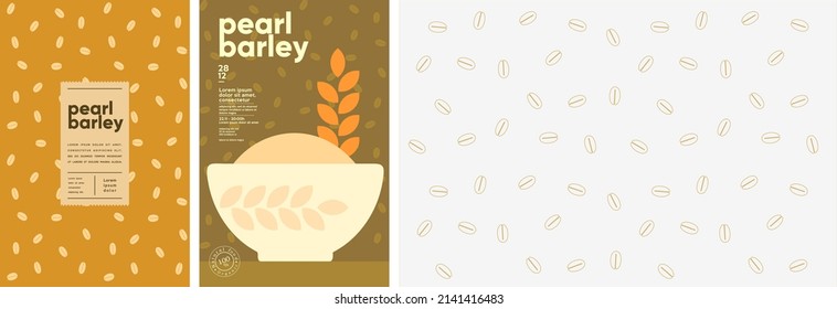 Pearl barley. Food and natural products. Set of vector illustrations. Geometric, simple, linear style. Label, cover, price tag, background.