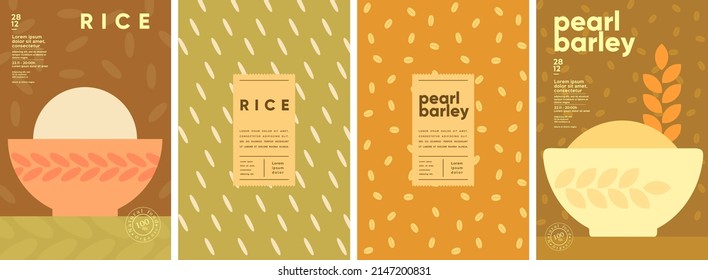 Pearl barley. Rice. Set of vector illustrations. Label design, price tag, cover design. Backgrounds and patterns. 