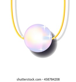 Pearl bead on golden chain, vector illustration on white background. Precious jewelry drawing with place for text. Gold pearl pendant with shadow picture. Realistic single pearl jewellery image
