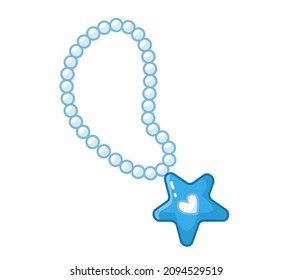 Perlas con un colgante de estrella azul. Ilustración vectorial de un accesorio al estilo de una caricatura infantil. Un lindo clipart aislado sobre un fondo blanco. Arte de color con contorno