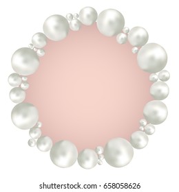 Pearl beads frame isolated on white background. Jewelery bracelet, necklace . Wedding invitation white pearls background. Vector illustration