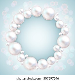 Pearl Beads Frame On Blue Background. Jewellery Bracelet, Necklace . Wedding Invitation White Pearls Background. Vector Illustration