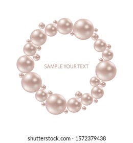 Pearl beads frame on a gray background. Jewelry bracelet, necklace. Wedding invitation white pearls background. Vector illustration