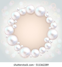 Pearl beads frame on grey background. Jewellery bracelet, necklace . Wedding invitation white pearls background. Vector illustration