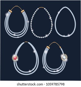 Pearl beads necklaces set. Jewelry vector illustration.