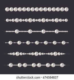 Pearl Beads Set. Glamour Borders on Dark Background. Vector