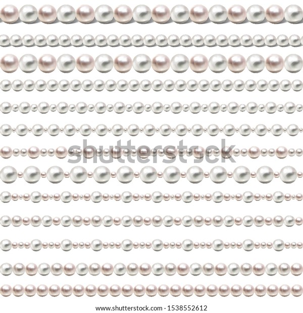 Pearl Beads Set. Glamour seamless Borders on white\
Background. Vector