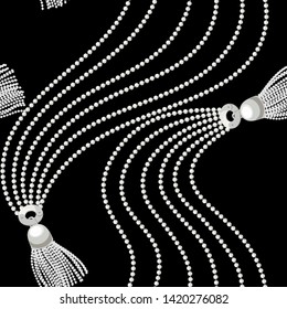 Pearl beads with tassel seamless . Fashion illustration. Seamless pattern abstract design. Filigree white necklace chain on black background. 