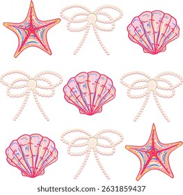 Pearl bow, seashell, colorful starfish summer Art Illustration