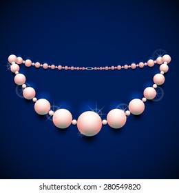 Pearl chaplet against dark background. Nacreous beads necklace with shine effect. Qualitative vector illustration about jewellery industry, accessories, fashion, luxury, etc