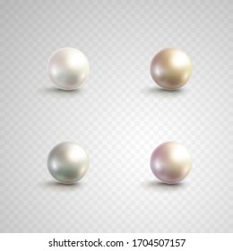 Pearl and circle beads isolated on transparent background. Golden rose, white, perl balls or glossy bubbles template. Vector 3d metal sphere, shiny capsule ball icons