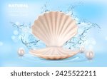 Pearl cosmetics, scallop shell podium, blue water splashes and white pearls on wave ripple. Vector elegant display blending beauty of pearls and sea, captivating showcase for natural cosmetic products