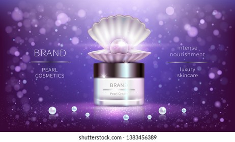 Pearl cosmetics, vector realistic advertising poster. Shiny luxury packaging for cosmetic anti-aging product, open shell and precious pearls on purple background, mock up for glossy magazine