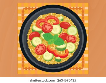 Pearl couscous salad on a plate top view vector illustration. Couscous salad food with tomato, cucumber, pepper on a wooden table above view vector. Couscous salad with vegetable on the table drawing