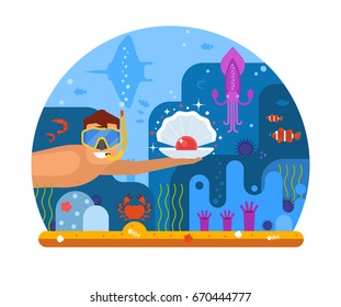 Pearl diving concept illustration with scuba diver finding shell on seabed. Underwater world scene with snorkeler man searching treasures on sea bottom among ocean life on coral reef background.