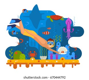 Pearl diving concept illustration with scuba diver finding shell on seabed. Underwater world scene with snorkeler man searching treasures on sea bottom among ocean life on coral reef background.