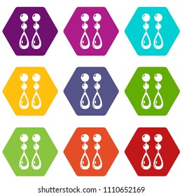 Pearl earrings icons 9 set coloful isolated on white for web