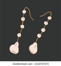 Pearl earrings on a black background. Gems. Feminine design, retro outfit element. Flat design, cartoon, vector illustration.