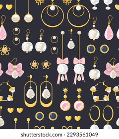 Pearl Earrings seamless pattern on black background. Gold diamond gemstones pendant jewelry accessories vector flat style illustration for wedding card, fabric, wallpaper, wrapping paper, poster