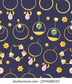 Pearl Earrings seamless pattern on dark blue background. Gold emerald gemstones pendant jewelry hoop accessories vector flat style illustration for wedding card, fabric, wallpaper, wrapping paper