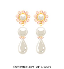 Pearl earrings Spherical beautiful with transparent glares and highlights. Jewel pink gems. Vector flat style Illustration