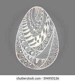 Pearl Easter Egg isolated zentangl pattern with lots of fine patterns of different forms in different sectors.