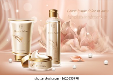 Pearl extract cosmetics advertising banner vector template. Cream jar, lotion bottle and tube, plastic containers realistic illustration on pink background. Natural beauty products line concept