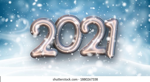 Pearl foil balloon 2021 sign with snow on blue background. Vector holiday illustration.