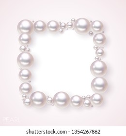 Pearl frame background. Vector fashion pearls border for wedding, anniversary or invitation. Banner with frame from pearls for design illustration