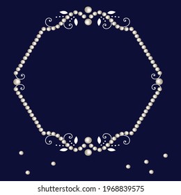 Pearl frame with decorative elements isolated on navy background. Luxury pearl border and corner for wedding, decoration, banners, cards or invitation. Vector illustration