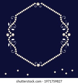 Pearl frame with decorative elements isolated on navy background. Oval pearl border and corner for wedding, decoration, banners, cards or invitation. Vector illustration
