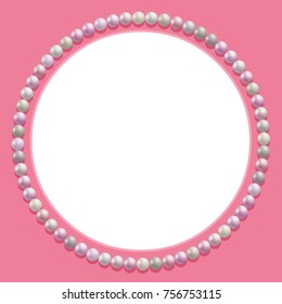 Pearl frame isolated on pink background with place for your picture and text. Great for baby announcement, Valentine's Day, Mothers Day, Easter, wedding, album cover. Design Template, 3d style. Vector