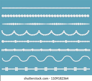 Pearl glamour borders. Vector bride pearls vintage accessories necklace patterns isolated on blue. Elegant luxury decoration feminine with pearl bead illustration