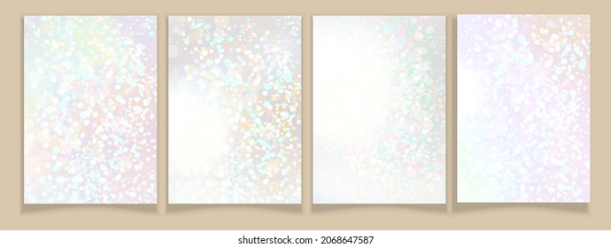 Pearl with glitter background set. Shiny wallpaper. Card template. Light paper. White texture. Vector illustration .