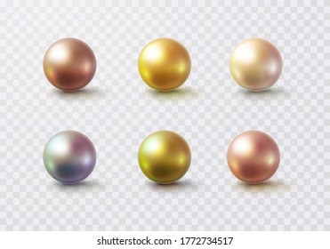 Pearl glossy beads isolated on transparent background. Gold, golden rose, white perl balls. Vector 3d metal sphere, shiny capsules