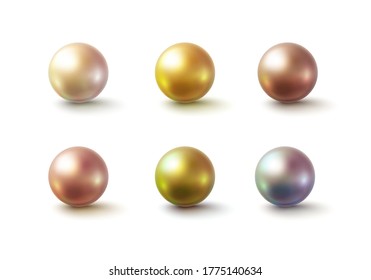 Pearl glossy beads isolated on white background. Gold rose, golden perl balls. Vector 3d metal sphere, shiny capsules