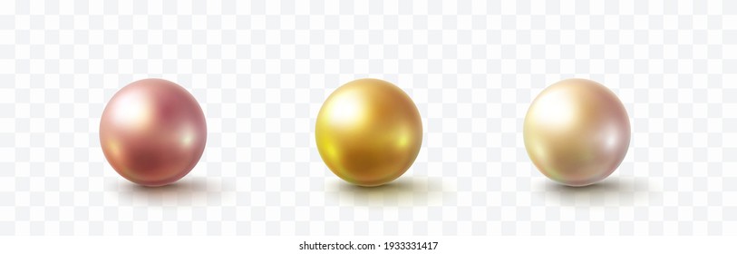 Pearl glossy beads isolated on transparent background. Gold, golden rose, perl balls. Vector 3d metal sphere, shiny capsules