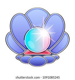 Pearl hand-drawn. Oyster on the ocean floor. Shimmers colors.Vector illustration.