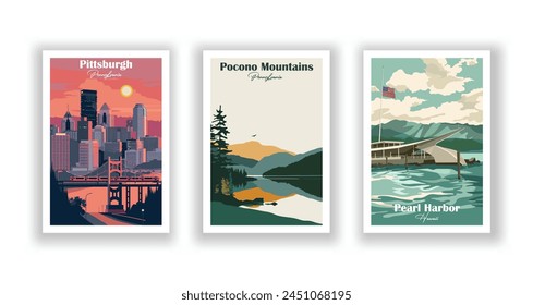 Afiche de viaje de Pearl Harbor, Hawái, Pittsburgh, Pensilvania, Pocono Mountains, Pensilvania - Antiguas. Ilustración vectorial. Impresiones de alta calidad